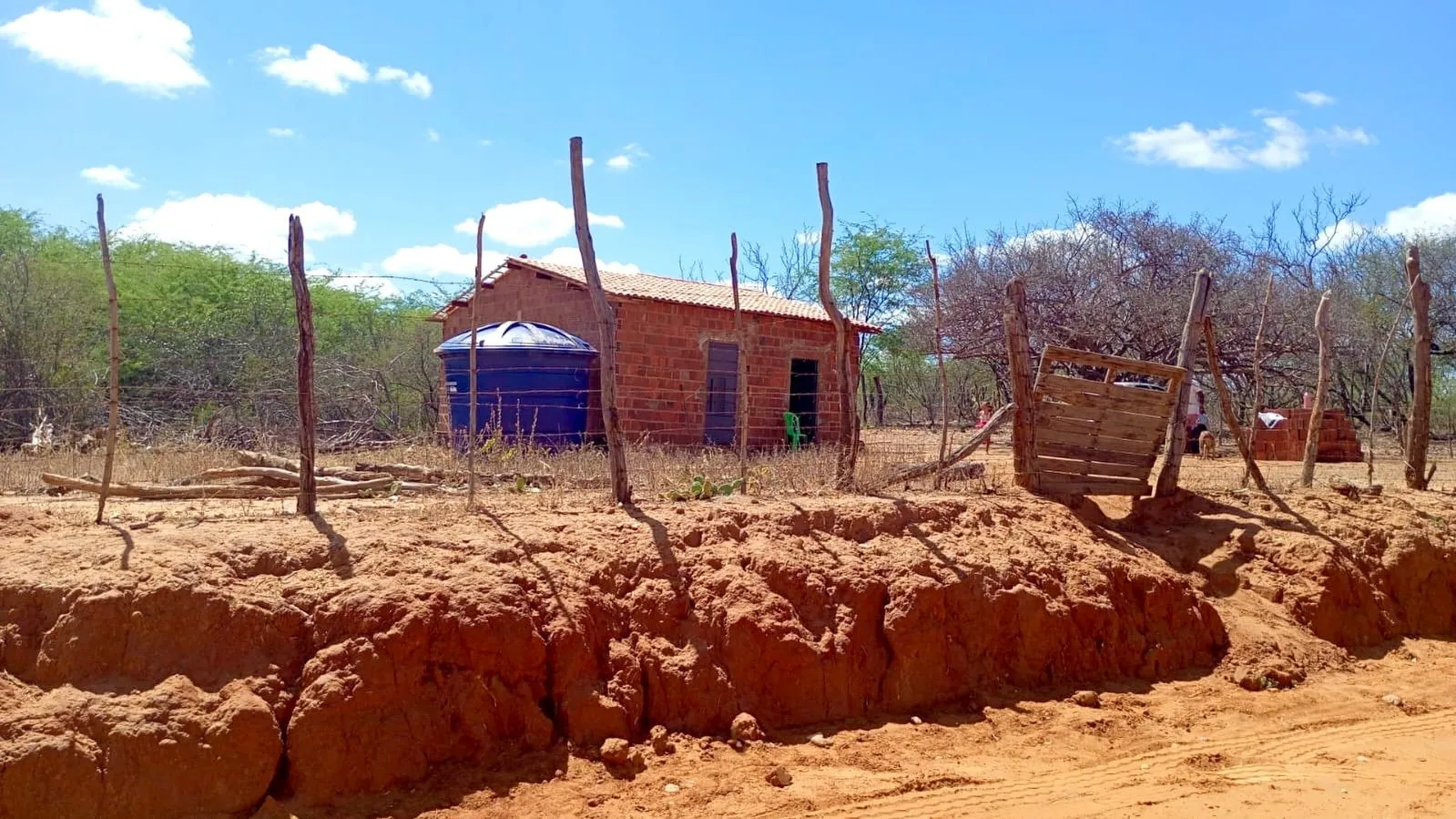 Casa simples de tijolos em construção no sertão, sob céu azul